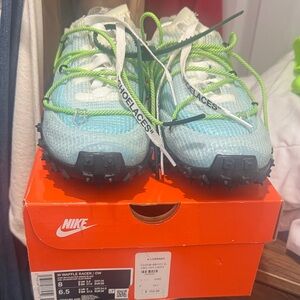 Nike OFF-WHITE Kids Waffle Racer Sneakers - Light Blue and Lime